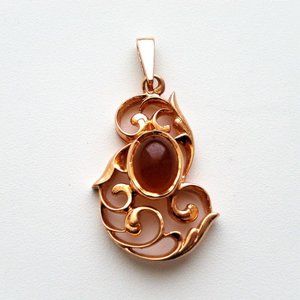 Vintage Russian Soviet USSR 14K 583 Rose Pink Gold Red Chalcedony Pendant